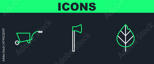 Set line Leaf, Wheelbarrow and Wooden axe icon. Vector