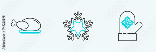 Set line Christmas mitten, Roasted turkey or chicken and Snowflake icon. Vector