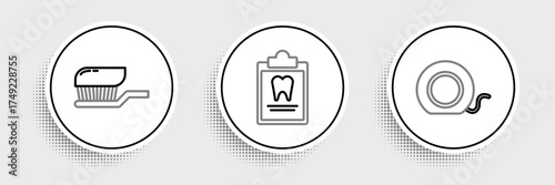 Set line Dental floss, Toothbrush with toothpaste and Clipboard dental card icon. Vector