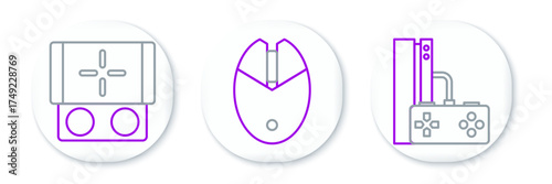 Set line Game console with joystick, Portable video game and Computer mouse gaming icon. Vector