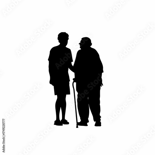 Silhouette of a volunteer assisting a senior citizen feeling isolated isolated on white background silhouette