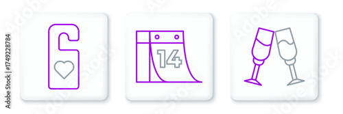 Set line Glass of champagne, Please do not disturb with heart and Calendar February 14 icon. Vector