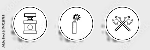 Set line Crossed medieval axes, Handle detonator for dynamite and Dynamite bomb stick clock icon. Vector