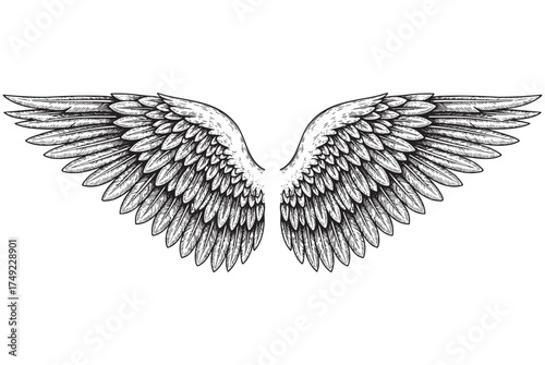 Angel Wings Spreading, Feathered Wings engraving vector illustration