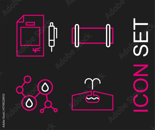 Set line Oilfield, Molecule oil, Industry pipe and Contract money and pen icon. Vector