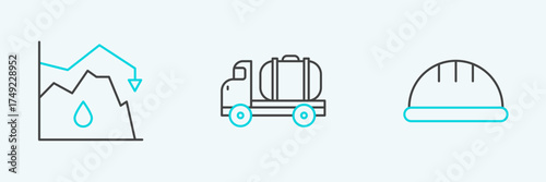 Set line Worker safety helmet, Drop in crude oil price and Tanker truck icon. Vector