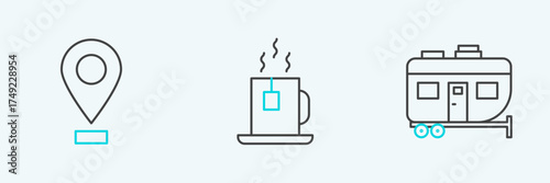 Set line Rv Camping trailer, Location and Cup of tea with tea bag icon. Vector