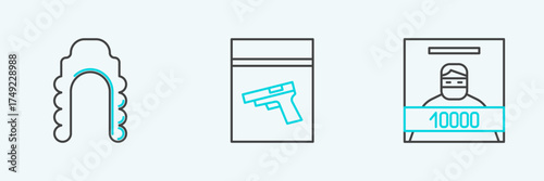 Set line Wanted poster, Judge wig and Evidence bag and pistol or gun icon. Vector