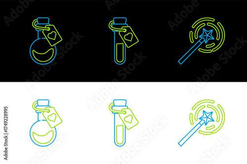 Set line Magic wand, Bottle with love potion and icon. Vector