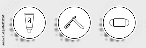 Set line Medical protective mask, Tube of toothpaste and Straight razor icon. Vector