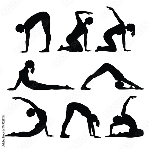Diverse yoga poses black silhouette illustration vector scalable graphic for fitness and wellness applications silhouette