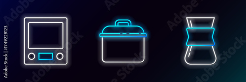 Set line Coffee turk, Electronic scales and Cooking pot icon. Glowing neon. Vector