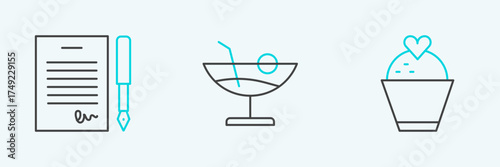 Set line Wedding cake with heart, Marriage contract and Cocktail icon. Vector