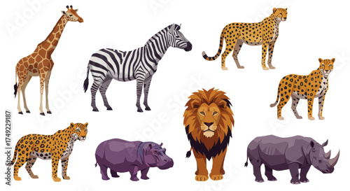 Collection of african safari animals including giraffe, zebra, lion, rhino, cheetah, hippopotamus, and leopard in vector illustration style