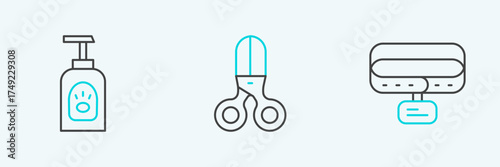 Set line Collar with name tag, Pet shampoo and Scissors hairdresser icon. Vector