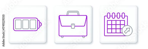 Set line Calendar, Battery charge level indicator and Briefcase icon. Vector