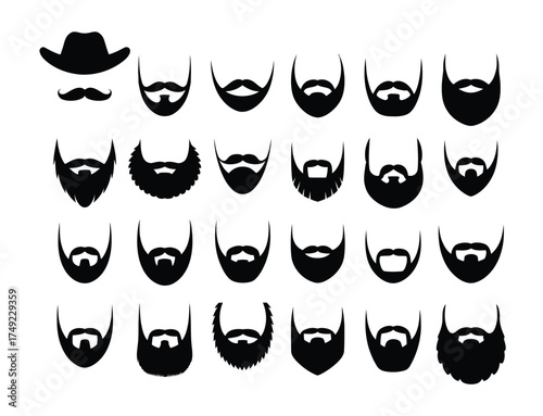 Collection of 24 black and white beard styles and mustache icons vector scalable eps silhouette