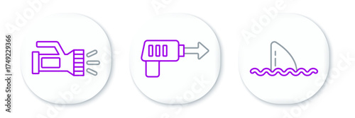 Set line Shark fin in ocean wave, Flashlight and Fishing harpoon icon. Vector