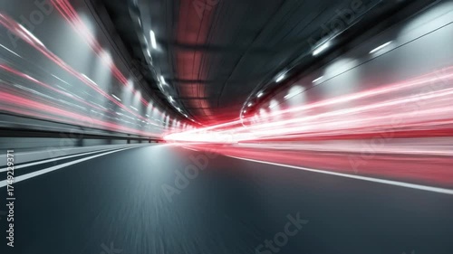 Speeding Through a Dark Tunnel with Red Light Streaks and White Lane Markings Under Bright Overhead Lights