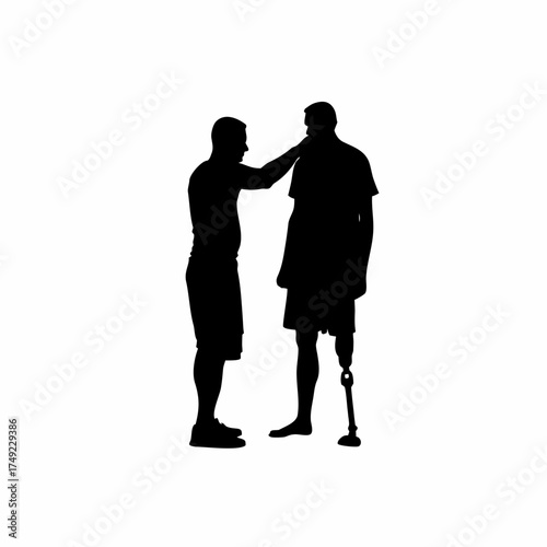 Silhouette of a worker adjusting prosthetic limb for amputee patient isolated on white background