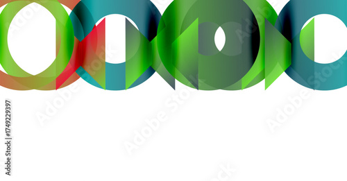 Abstract colorful circles overlap creating dynamic visual pattern. White space dominates bottom portion image.