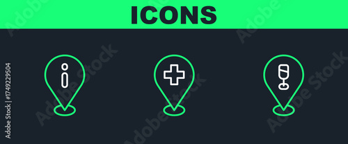 Set line Alcohol or beer bar location, Location with information and Medical cross icon. Vector