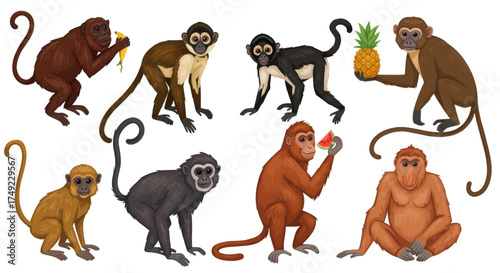 Collection of various monkeys and primates in different poses and actions