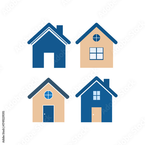 Four simple house icons in blue and beige, each with a slightly different window and door design, arranged in a square.