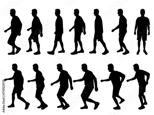 Silhouette of walking and running man, set. Vector illustration