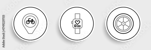 Set line Bicycle wheel, Location with bicycle and Smart watch icon. Vector