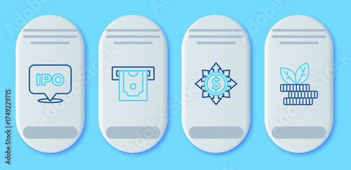 Set line ATM and money, Dollar, share, network, IPO and plant icon. Vector
