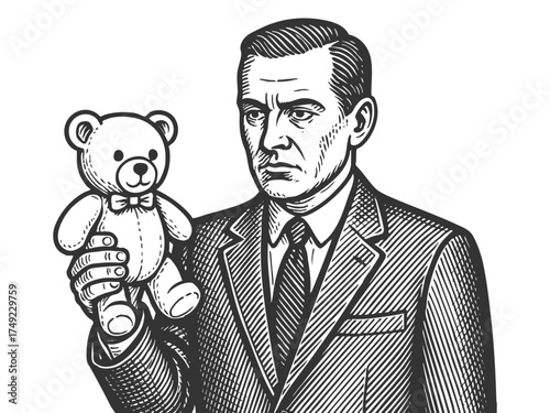 stern man in a business suit holding a small teddy bear, sketch engraving generative ai fictional character vector illustration. Scratch board imitation. Black and white image.