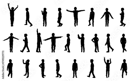 Black silhouette of  child in different poses, big set. Vector illustration