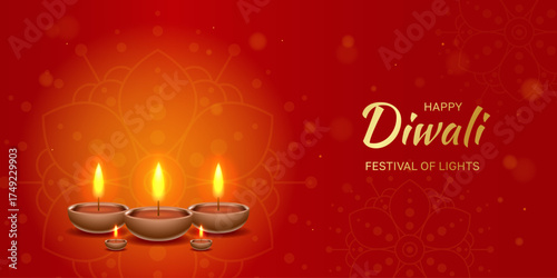 Happy Diwali horizontal banner with diya lamps and mandala patterns. Traditional Indian festival of lights Shubh Deepavali. Vector illustration for culture and tradition