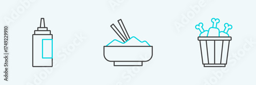 Set line Chicken leg in package box, Sauce bottle and Rice bowl with chopstick icon. Vector