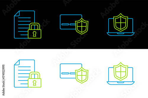 Set line Laptop protected with shield, Document and lock and Credit card icon. Vector