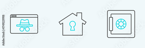 Set line Safe, Browser incognito window and House under protection icon. Vector