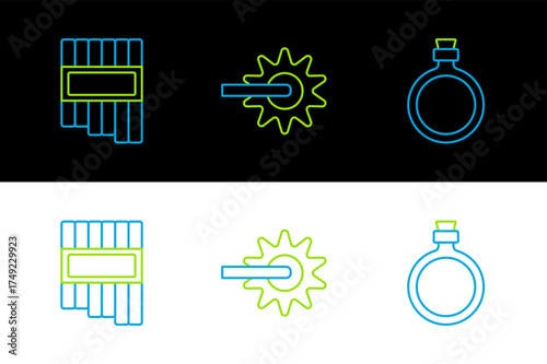 Set line Canteen water bottle, Pan flute and Spur icon. Vector