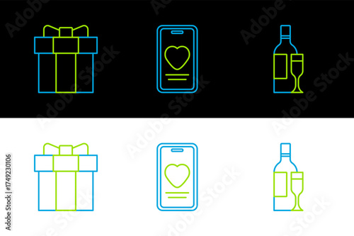 Set line Champagne bottle, Gift box and Online dating app and chat icon. Vector