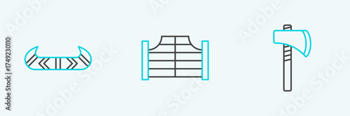 Set line Tomahawk axe, Kayak or canoe and paddle and Saloon door icon. Vector