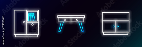 Set line Wardrobe, and Office desk icon. Glowing neon. Vector