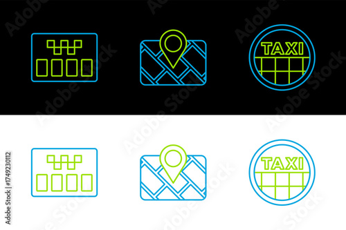 Set line Taxi car roof, Taximeter and Gps device with map icon. Vector