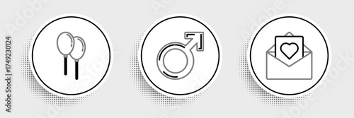 Set line Envelope with Valentine heart, Balloons ribbon and Male gender symbol icon. Vector