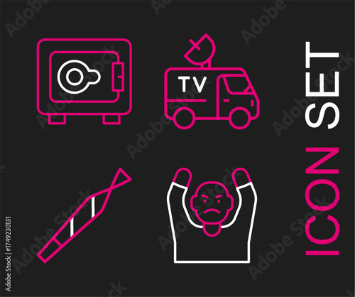 Set line Thief surrendering hands up, Marijuana joint, TV News car and Safe icon. Vector