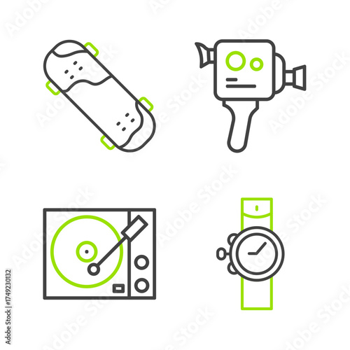 Set line Wrist watch, Vinyl player, Retro cinema camera and Skateboard trick icon. Vector