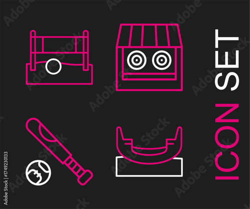 Set line Boat swing, Baseball bat with ball, Shooting gallery and Volleyball net icon. Vector