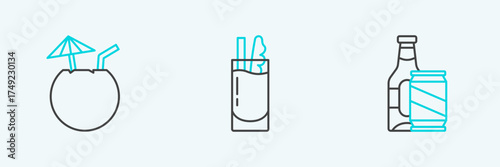Set line Beer bottle and beer can, Coconut cocktail and Cocktail Bloody Mary icon. Vector