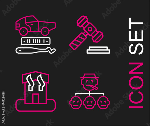 Set line Mafia, Arson home, Judge gavel and Car theft icon. Vector