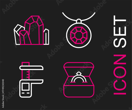 Set line Diamond engagement ring in box, Calliper or caliper and scale, Pendant necklace and Gem stone icon. Vector