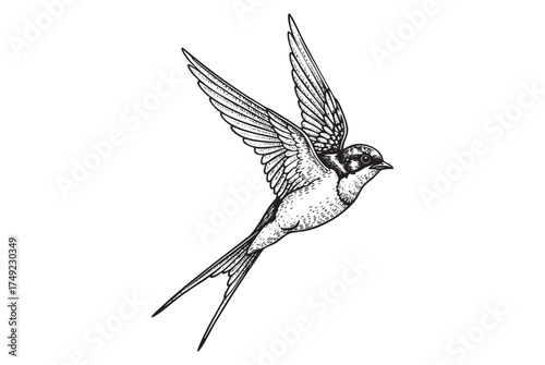 Swallow Bird Flying engraving vector illustration